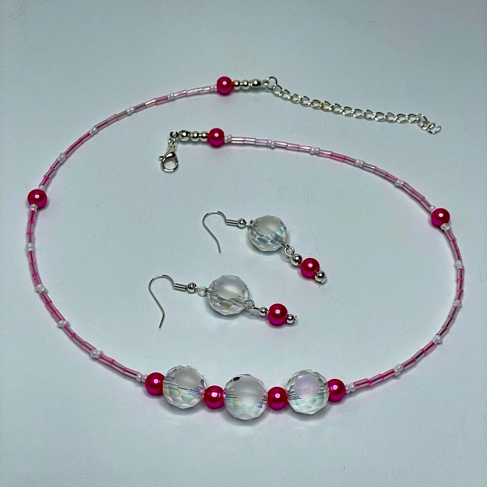 Artisan White Crystal Glass Pink Glass Pearl Seed Bead Necklace Earrings Set